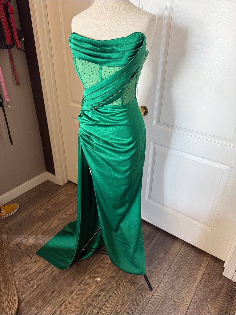 Miss Circle Holly Green Crystallized Corset High Slit Satin Gown XS